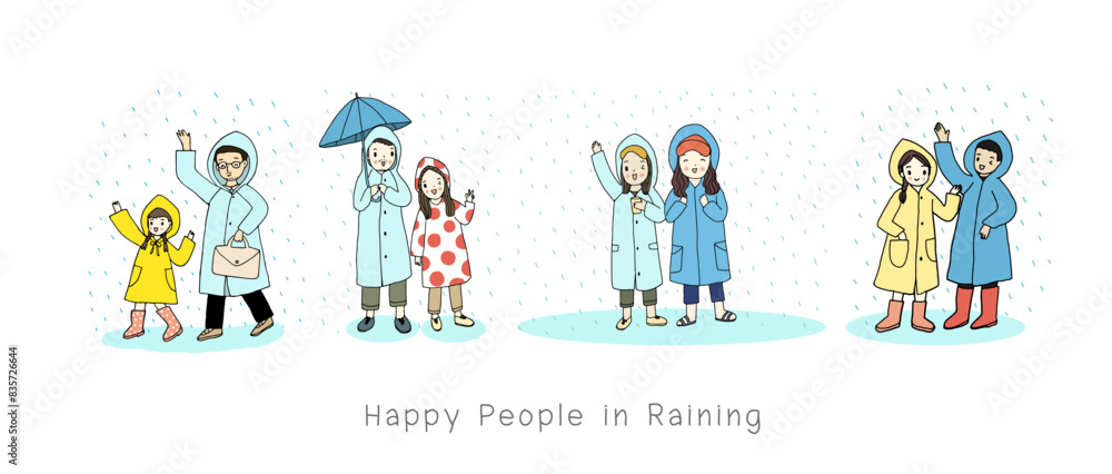 Characters under the rain set. Happy People in rainy day, hand drawn style vector illustration Characters under the rain set. Happy People in rainy day, hand drawn style vector illustration