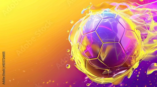 Soccer ball in motion with neon elements and a gradient background of yellow and purple