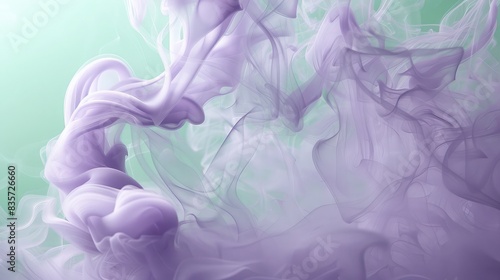 Mint green backdrop with swirling purple smoke, minimalist modern art.