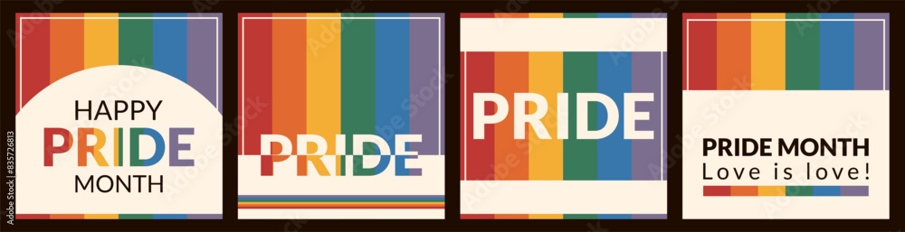 Fototapeta premium Happy pride month or day card set. LGBTQ+. Poster with rainbow backgroundin retro rainbow colors. Geometric vector illustration