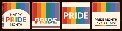 Happy pride month or day card set. LGBTQ+. Poster with rainbow backgroundin retro rainbow colors. Geometric vector illustration