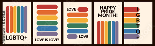 Happy pride month or day card set. LGBTQ+. Poster with rainbow backgroundin retro rainbow colors. Geometric vector illustration