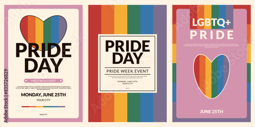 Happy pride day, month. LGBTQ+. Holiday party invitation set. Event or festival concept. Retro vector illustration in retro rainbow colors.