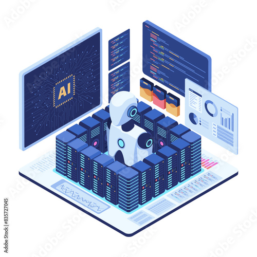 Isometric Ai Robot in Server Room with Data Analytics