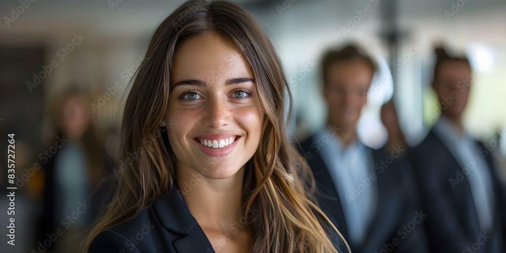 Young office woman smiling at camera with suited colleagues in background. Concept Workplace, Professional Portraits, Team Collaboration, Business Attire, Smiling Faces Young office woman smiling at camera with suited colleagues in background. Concept Workplace, Professional Portraits, Team Collaboration, Business Attire, Smiling Faces