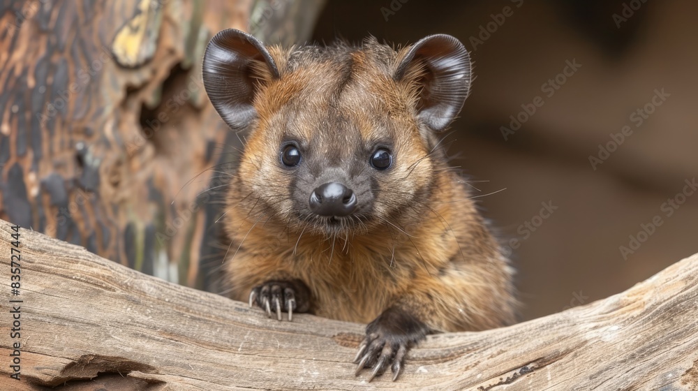 Naklejka premium A tight shot of a tiny animal on a tree branch against a backdrop of wooden tree trunk and trunk in the foreground, featuring a small animal in the close proximity