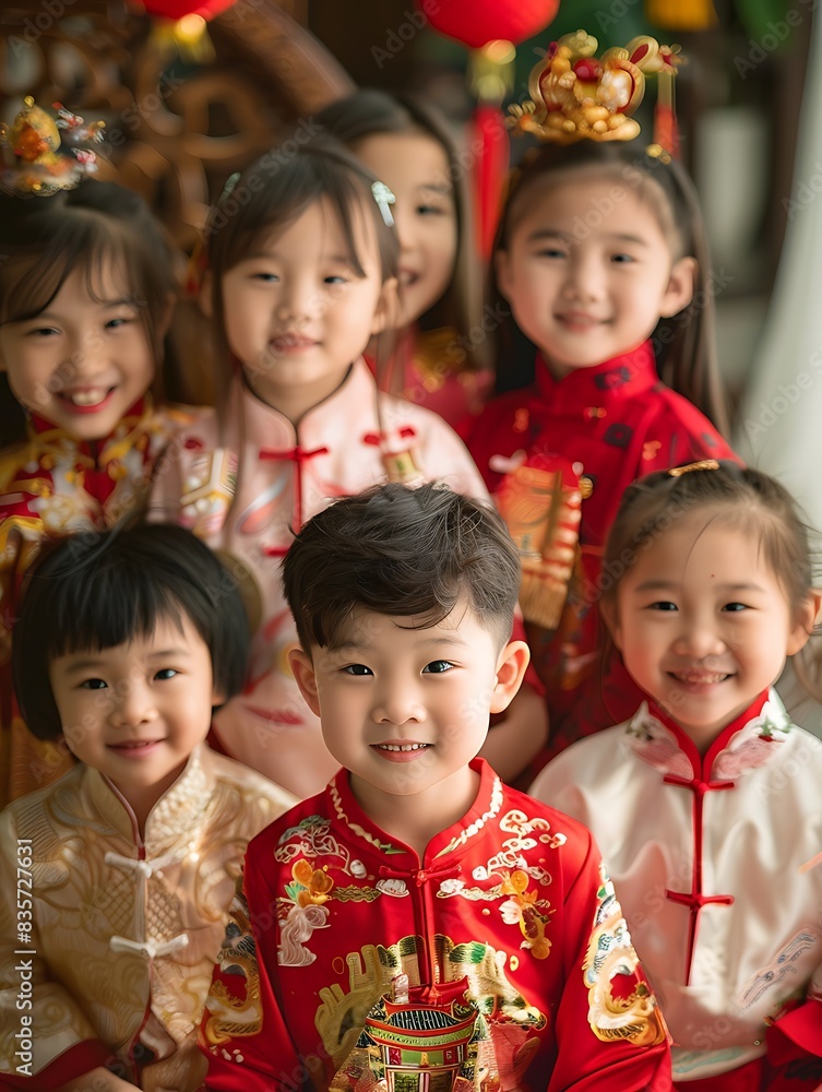 A group of children wearing traditional Chinese outfits for New Year A group of children wearing traditional Chinese outfits for New Year