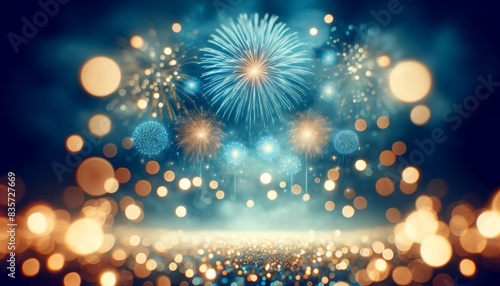 Blue and gold abstract background with fireworks and bokeh lights on New Year's Eve, birthday, 4th of july celebration. AI generative.