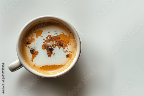  cup of coffee, white background, light tones, minimalism, mobile phone wallpaper style, high resolution, super realistic photography. The cup is filled with black or white hot tea and milk cream map