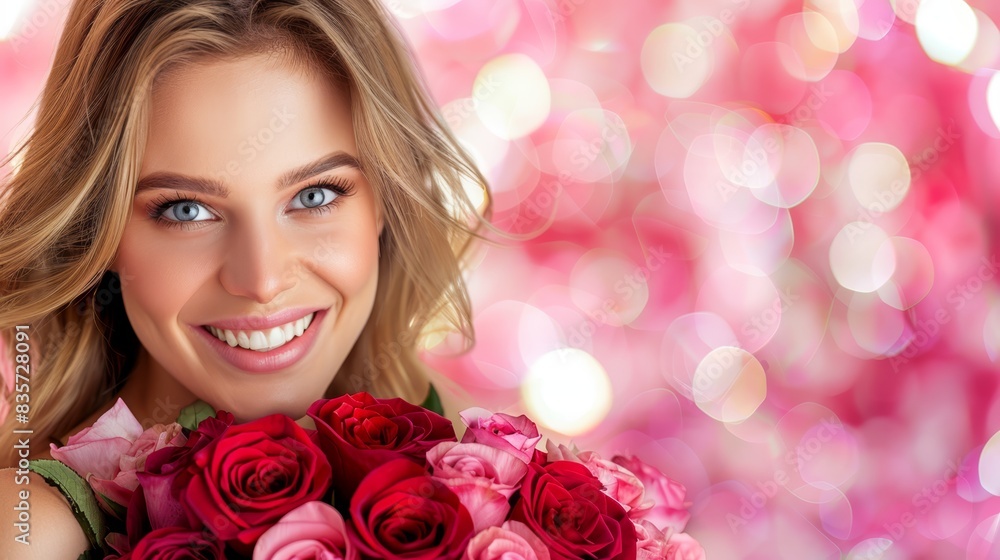 A woman holds a bouquet of roses in front of a pink and white flower-filled archway of lights She poses with the floral arrangement in front of her face A woman holds a bouquet of roses in front of a pink and white flower-filled archway of lights She poses with the floral arrangement in front of her face