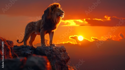 Majestic Lion Surveying Kingdom at Golden Sunset photo