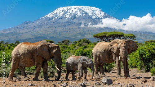  Two adult elephants and a baby elephant traverse before a mountain  its peak adorned with snow Trees and shrubs populate the foreground