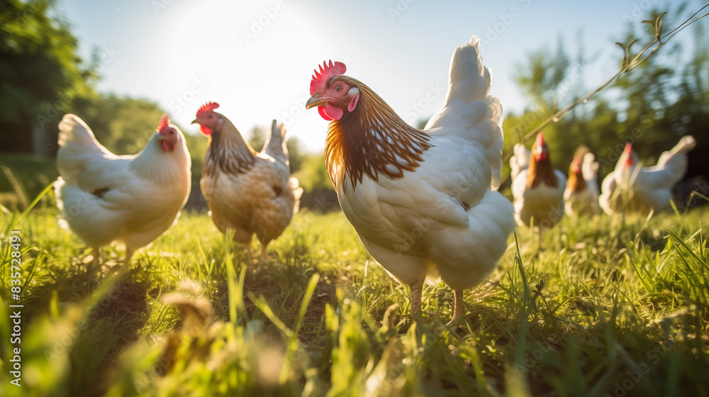 Free-range chickens pecking around a grassy area, Photo shot, Natural light day. Free-range chickens pecking around a grassy area, Photo shot, Natural light day.