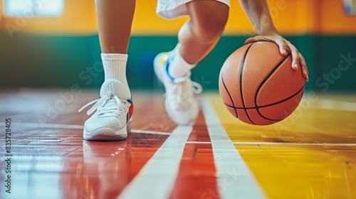  A tight shot of feet next to a basketball on a basketball court, the red, white, and yellow striped floor visible beneath © Mikus