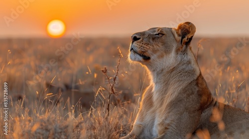  A lion sits in a field as the sun sets, its backdrop His face is turned subtly right towards the camera, eyes closed