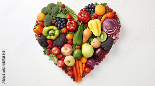 Heart shape from clean fruit and vegetable  Nutrition food for heart recommended by doctor on white background  Text space  Photo shot.