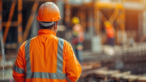  A man in an orange safety jacket and hard hat stands before a construction site, surrounded by men donning identical orange safety vests