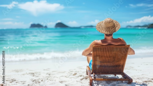 A man in a straw hat sits in a beach chair, gazing at the water and a distant rock outcropping photo