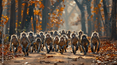  A group of monkeys races down a forest path, outpacing a gathering of other animals The ground is littered with autumnal leaves, while trees shed yellow foliage photo