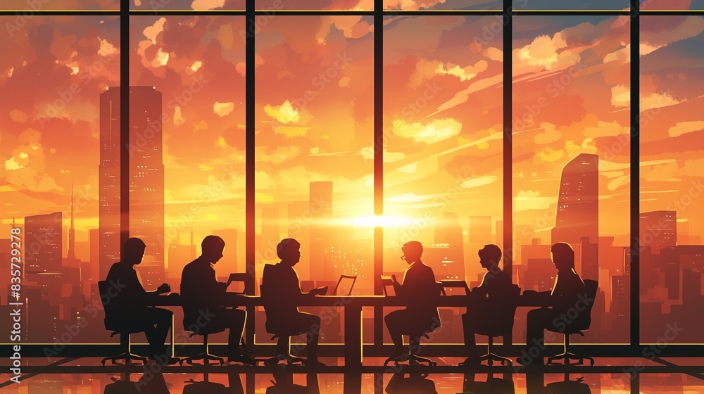 会議をしてるビジネスマンたちのシルエット、夕方9 会議をしてるビジネスマンたちのシルエット、夕方9