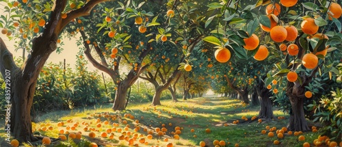 Lush orange grove with vibrant green foliage and ripe oranges hanging from trees