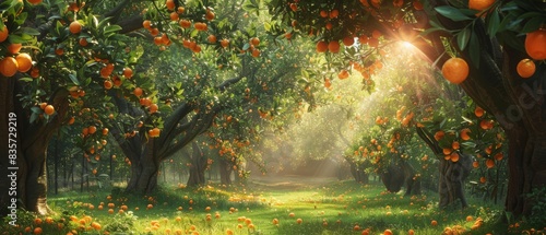 Lush orange grove with vibrant green foliage and ripe oranges hanging from trees