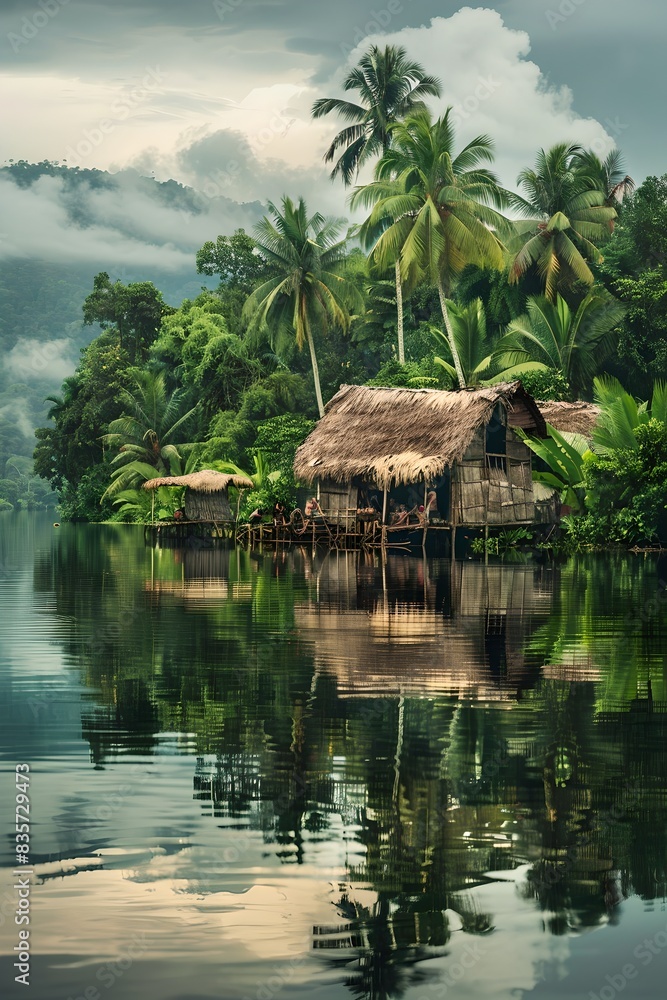 Scenic tropical river landscape with traditional hut, palm trees, and misty mountains. A serene nature scene captured in a vibrant style for travel or relaxation concepts. Generative AI Scenic tropical river landscape with traditional hut, palm trees, and misty mountains. A serene nature scene captured in a vibrant style for travel or relaxation concepts. Generative AI