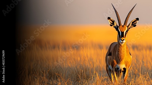  A gazelle stands in a field of tall grass, head turned to the side Its long, curved horns extend outward