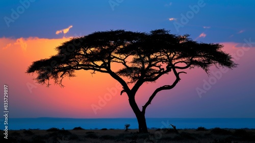  A solitary tree silhouettes against an orange and blue sunset over a body of water In the distance  a mountain is framed by the sky  dotted with a few clouds