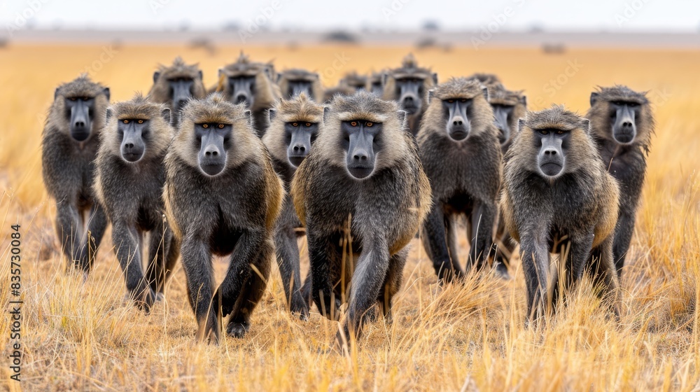 Fototapeta premium A band of baboons traverses a expansive, dry grassy field Amidst the landscape, a sizable assembly of additional baboons resides in the field's center,