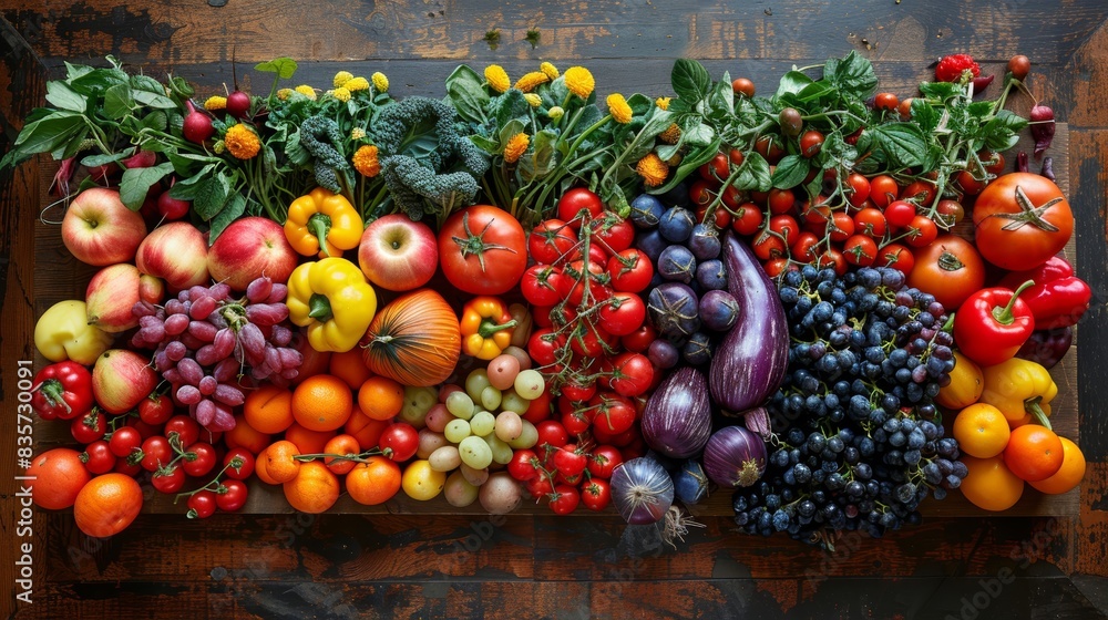 Flat lay of a bountiful harvest of fruits and vegetables on a rustic wooden table Flat lay of a bountiful harvest of fruits and vegetables on a rustic wooden table