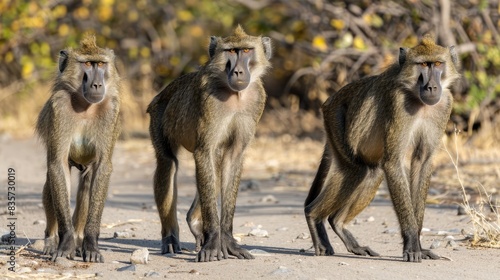  A group of baboons stands on a dirt road  facing the same direction Behind them are bushes One baboon gazes in that same direction