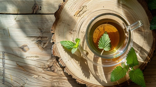 Above view of herbal tea made of dry Urtica dioica, known as common nettle, burn nettle or stinging nettle leaves in clear glass cup. Wood board background in home kitchen. photo