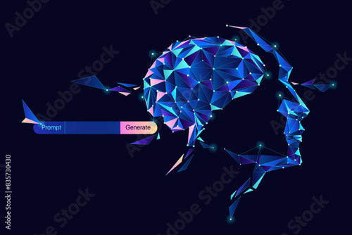 Illustration of Ai brain and face with dot and line. Big data, technology, large language model, LLM, NLP, natural language model  chat bot, generative ai with promt concept photo