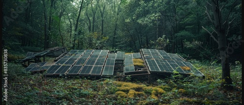 Broken solar panels in a forest, emphasizing end of life equipment problems photo