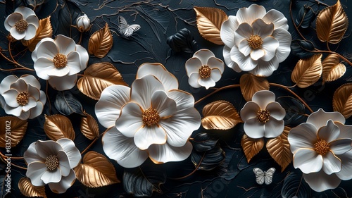 Luxurious Black and Gold Floral Wall Art with Butterflies, Elegant Decorative Design © Mark
