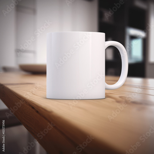 White blank coffee mug mockup, set in the kitchen on a wooden worktop. Perfect for businesses selling mugs, just overlay your quote or design on to the image.