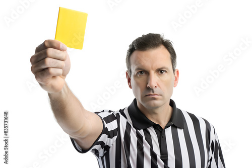 the referee in black holds up a yellow card isolated on background photo