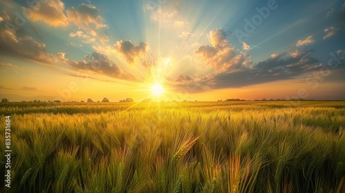 Sunset in agricultural fields with barley corn soybeans or sorghum