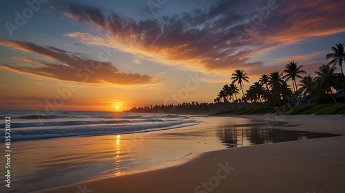   A serene and idyllic beach scene at sunset with gentle waves and a peaceful atmosphere.