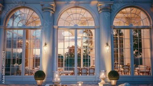 An impressive view of a white mansion's grand ballroom seen from outside, through towering windows that showcase the lavish interior against the twilight backdrop.