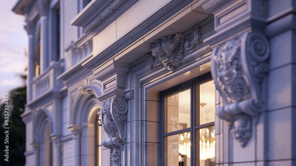 Close-up of a white mansion's elegant stone entryway, with delicate carvings and a modern chandelier visible through the top window at dusk. Close-up of a white mansion's elegant stone entryway, with delicate carvings and a modern chandelier visible through the top window at dusk.