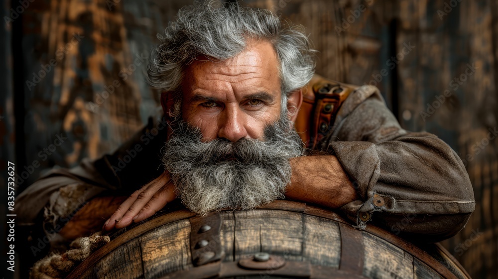 A bearded man with grey hair leans on a barrel, hands on chest, chin on top hand A bearded man with grey hair leans on a barrel, hands on chest, chin on top hand