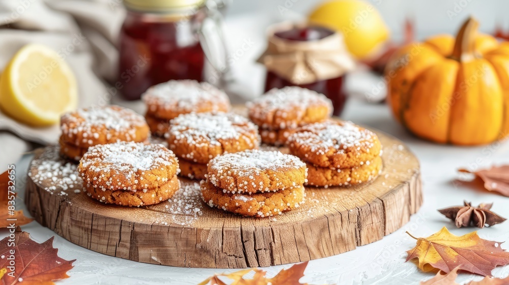 Pumpkin Jam Cookies with Sugar Sprinkles on a Wooden Platter with Lemon Leaves on a Light Background