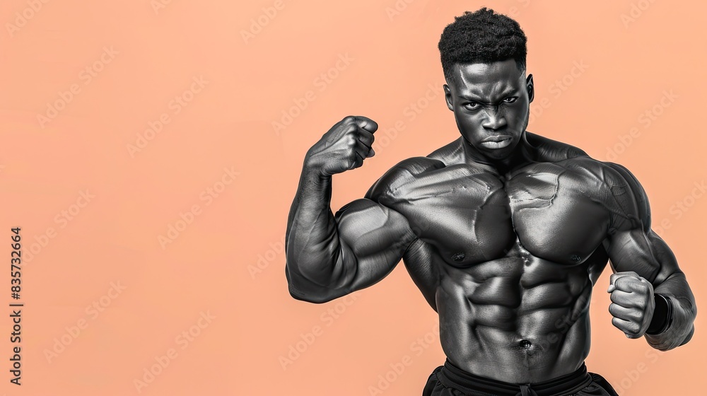 black and white male fitness model with lean muscle making a commanding pose on a peach background black and white male fitness model with lean muscle making a commanding pose on a peach background