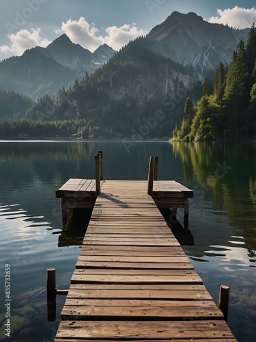  A serene lakeside scene with a wooden pier, calm water reflecting the surrounding trees, and a peaceful atmosphere.