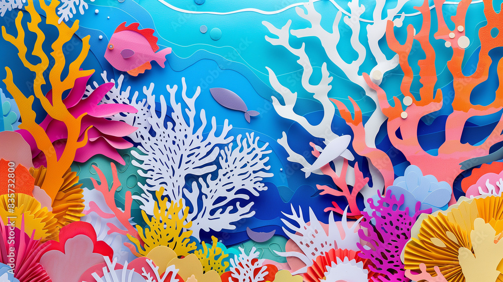 Papercut art of coral reefs fish with vibrant colored, red, blue, yellow, pink, white. Concept diversity underwater world Papercut art of coral reefs fish with vibrant colored, red, blue, yellow, pink, white. Concept diversity underwater world