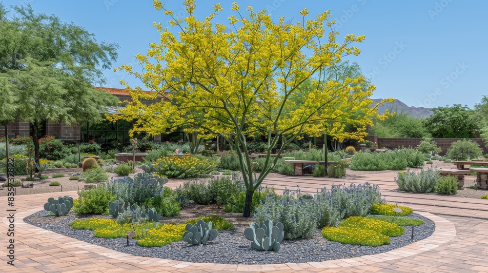Obraz premium A yellow tree stands at the center of a circular garden The garden features a bench and another tree in the middle Surrounding the central area is a brick-paved path, d