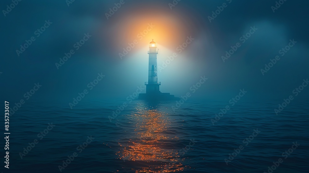 Fototapeta premium A guiding light at night on a dark sea.