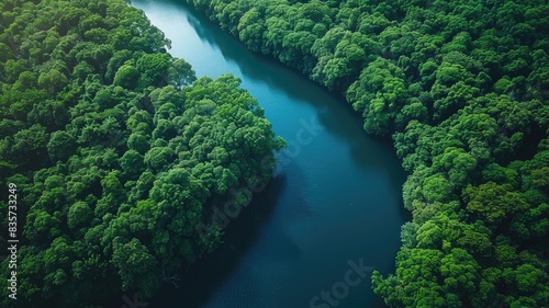 Aerial view of river in tropical green forest with mountains in background © bannafarsai